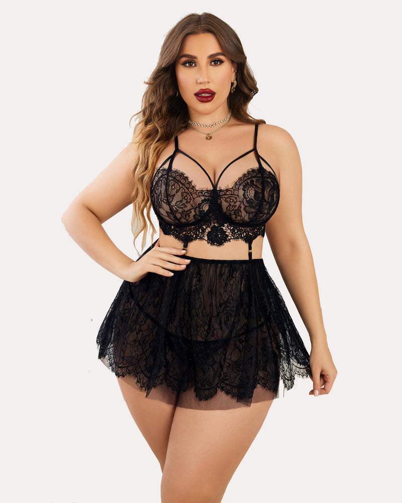 Black lace mesh babydoll nightwear set with floral lace and adjustable straps, plus size model.