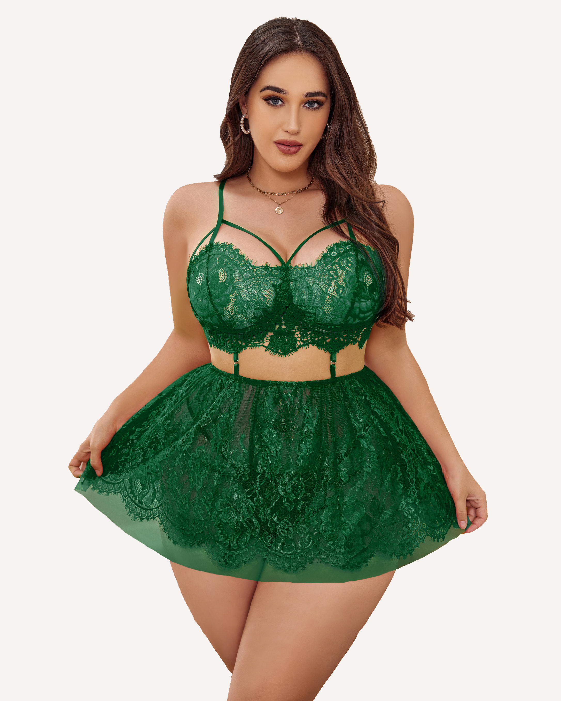 Plus size emerald green lace babydoll lingerie set with adjustable straps, sheer skirt, and bralette