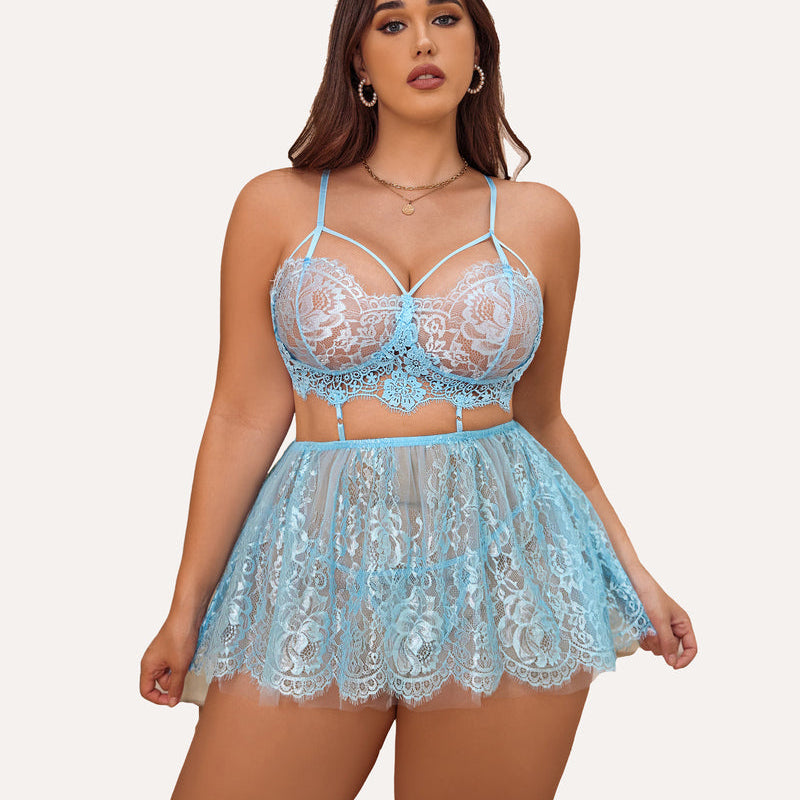 Plus size light blue lace babydoll set with strappy bralette and sheer skirt for a flattering fit.