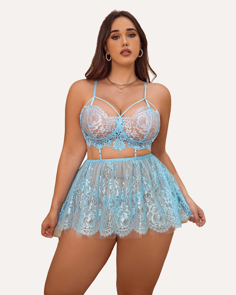 Plus size light blue lace babydoll set with strappy bralette and sheer skirt for a flattering fit.