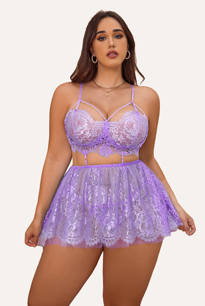 Plus size lavender babydoll lingerie set with strappy bralette and floral lace skirt, flattering fit