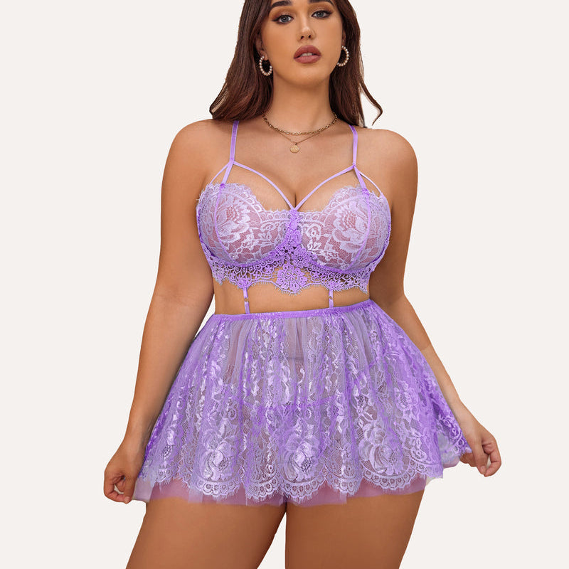 Plus size lavender babydoll lingerie set with strappy bralette and floral lace skirt, flattering fit