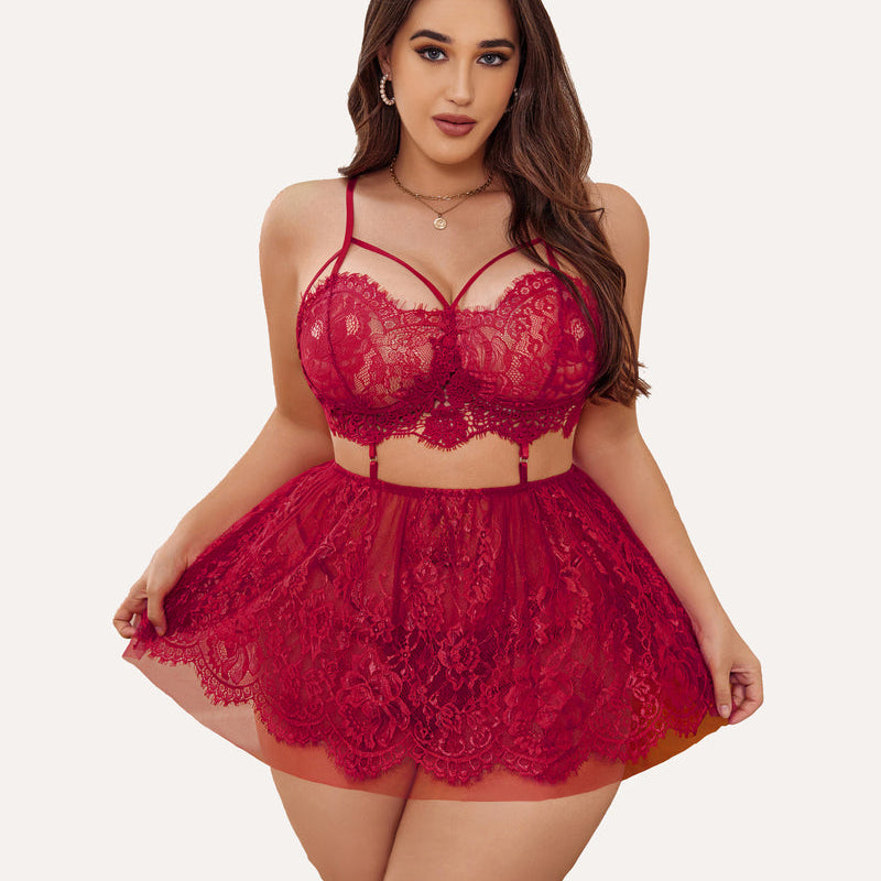 Plus Size Red Lace Babydoll Lingerie Set with Strappy Bralette and Sheer Skirt