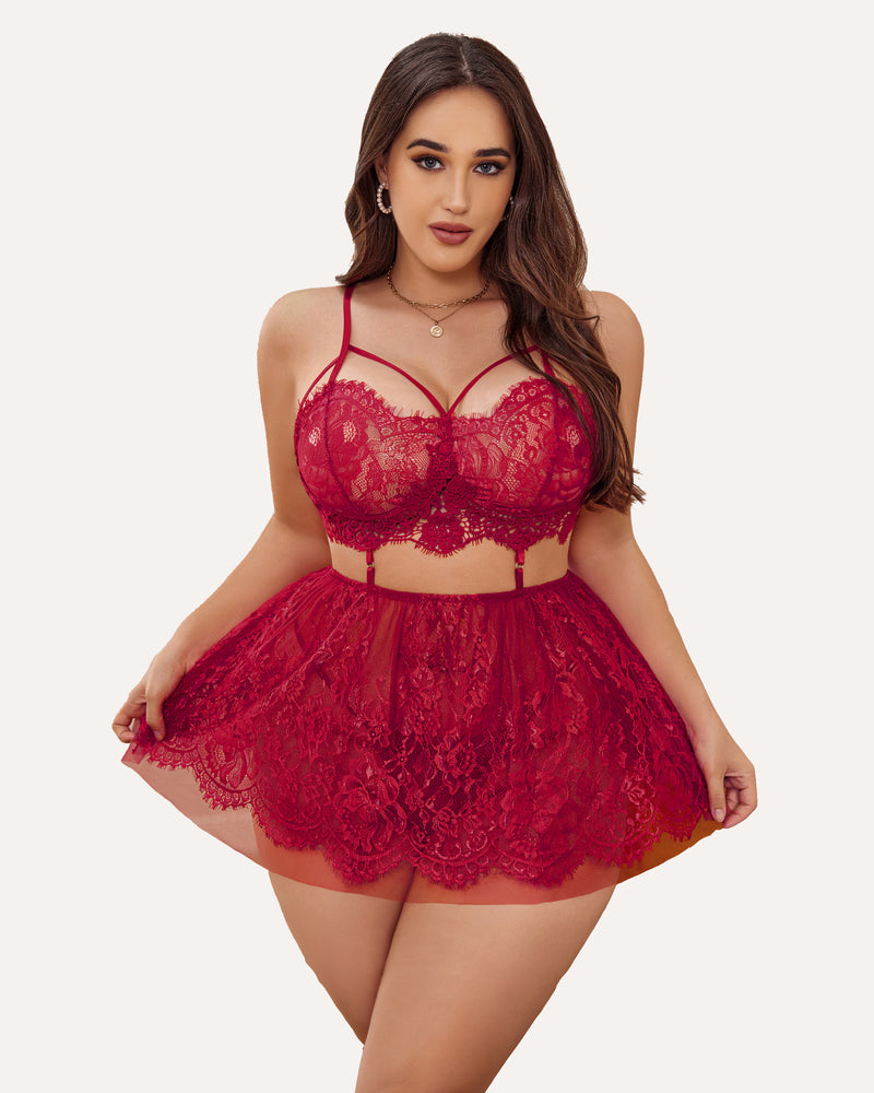 Plus Size Red Lace Babydoll Lingerie Set with Strappy Bralette and Sheer Skirt