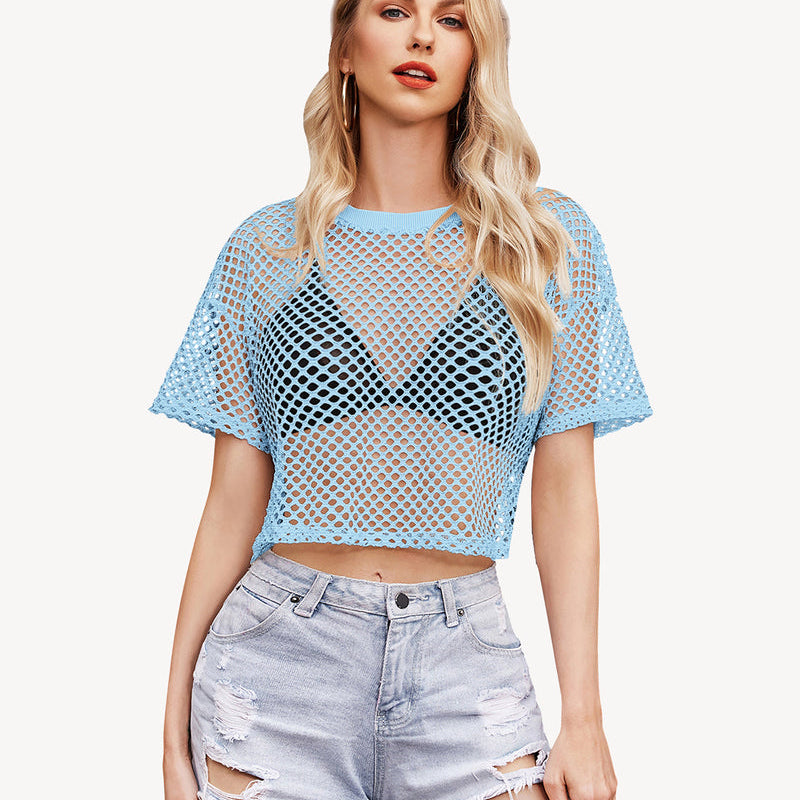 Blue sheer fishnet crop top with denim shorts. Sexy and fashionable see-through top from Avidlove.