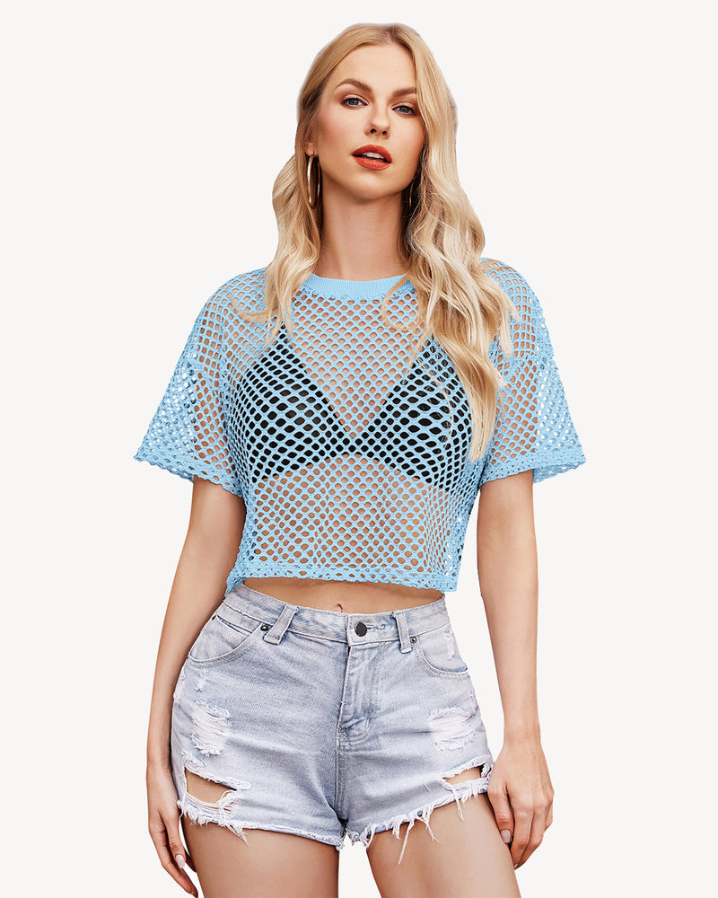Blue sheer fishnet crop top with denim shorts. Sexy and fashionable see-through top from Avidlove.