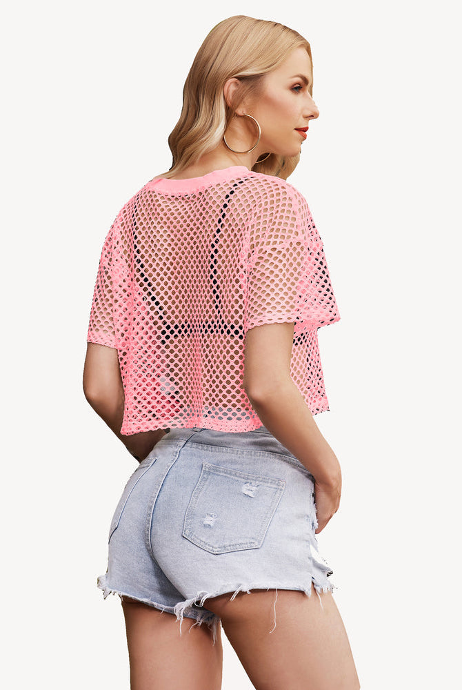 Pink sheer fishnet crop top with denim shorts. Sexy and fashionable crop top from Avidlove.