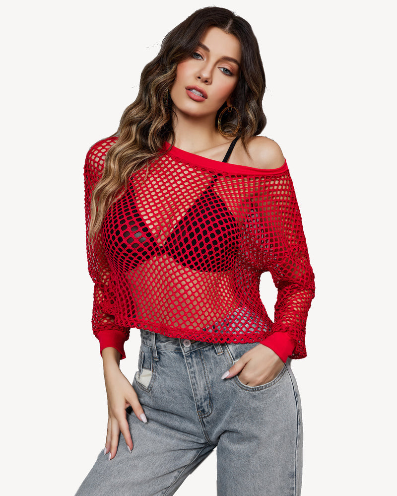 Red fishnet crop top with jeans. Sexy, fashionable sheer top for women by Avidlove.