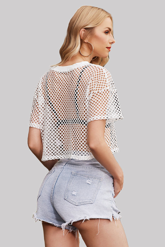 White mesh crop top with denim shorts. Sexy and fashionable see-through top for women.
