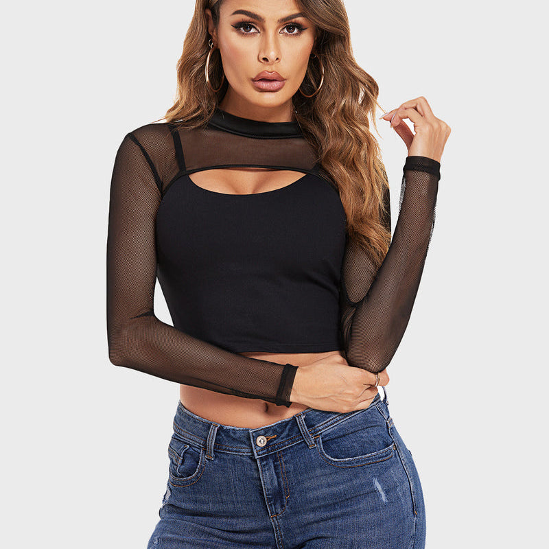 Black mesh mock neck crop top with keyhole, jeans. Sexy and breathable lingerie for confidence.