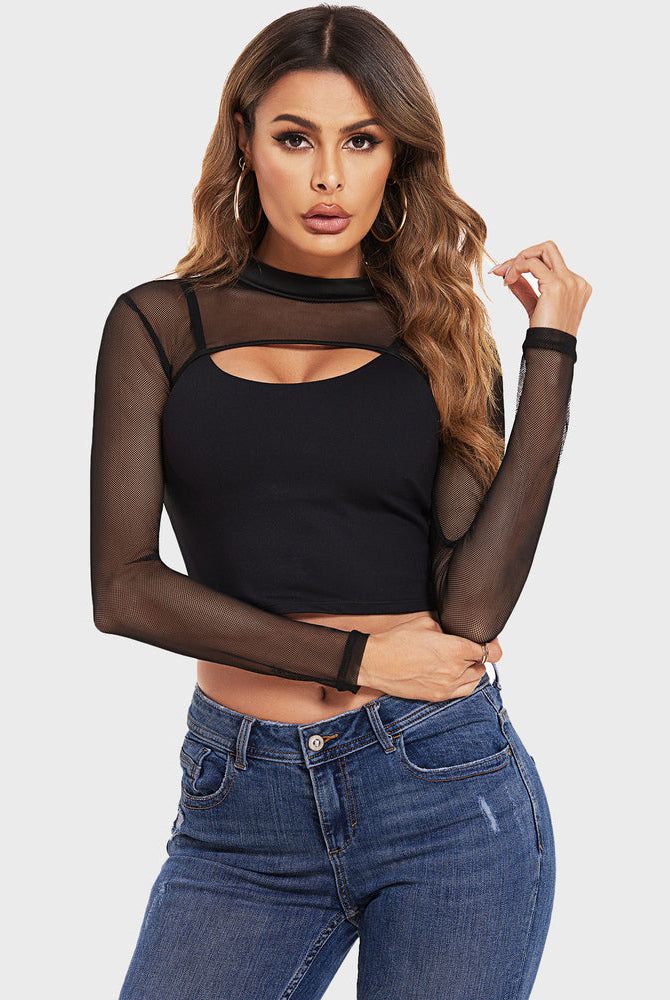 Black see-through crop top with mesh sleeves and keyhole detail. Confident and sexy lingerie.