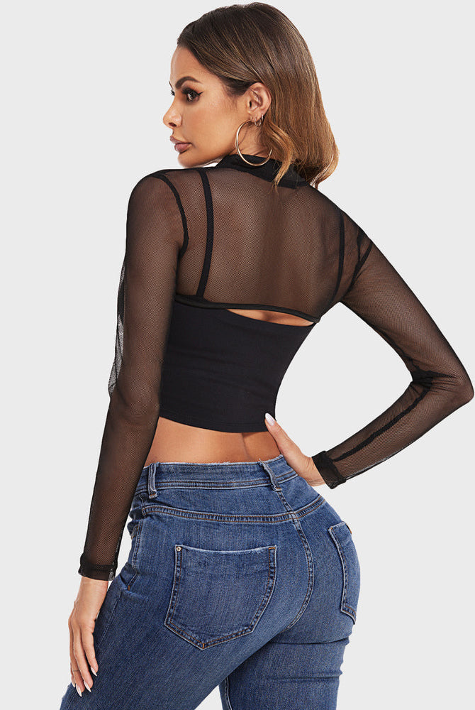 Black mesh long sleeve see-through crop top, part of Avidlove's sexy lingerie collection.