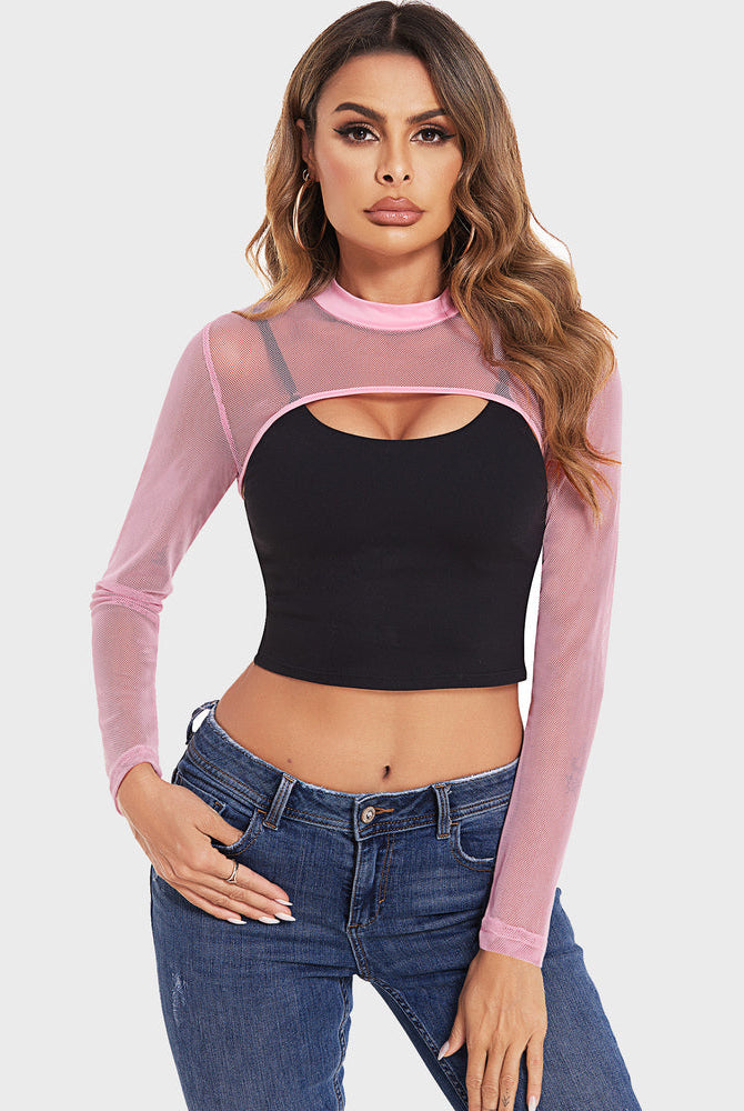 Pink mesh mock neck long sleeve crop top with black bandeau, jeans. Confident and sexy lingerie.