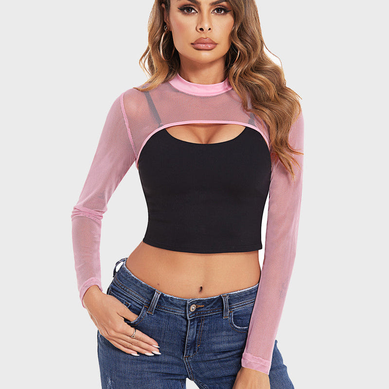 Pink mesh see-through crop top, black top, and jeans. Confident and stylish Avidlove lingerie.
