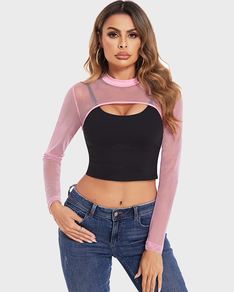 Pink mesh see-through crop top, black top, and jeans. Confident and stylish Avidlove lingerie.