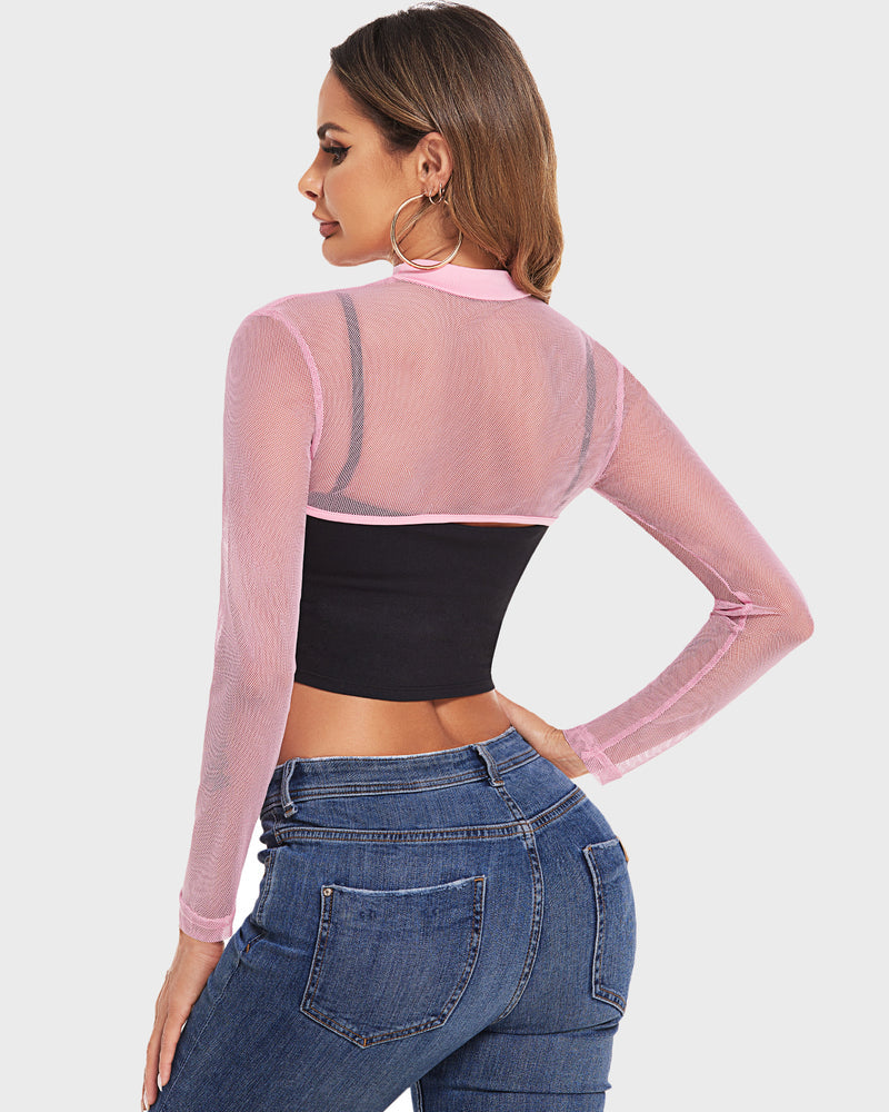 Avidlove pink mesh long sleeve see-through crop top with black crop top and jeans