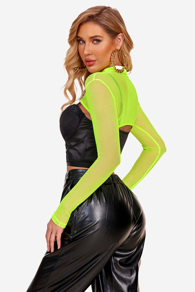 Neon green mesh mock neck crop top with black leather pants. Sexy lingerie look.