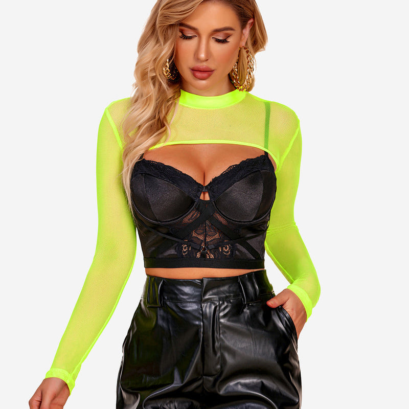 Neon green mesh mock neck crop top with keyhole design and long sleeves, lingerie style