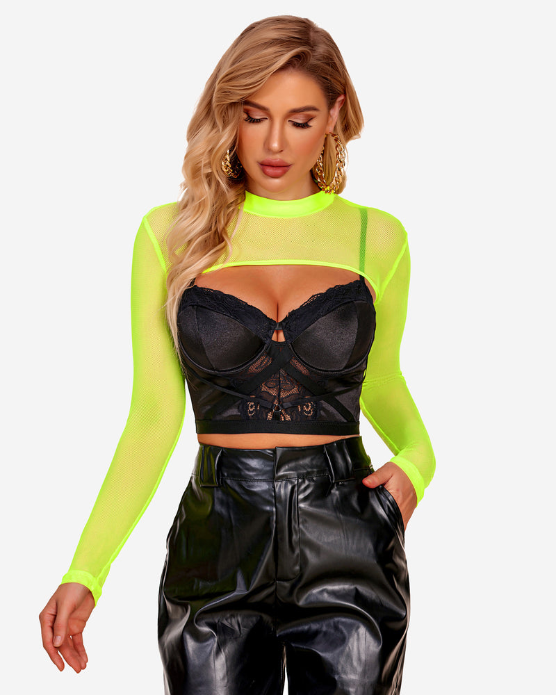 Neon green mesh mock neck crop top with keyhole design and long sleeves, lingerie style