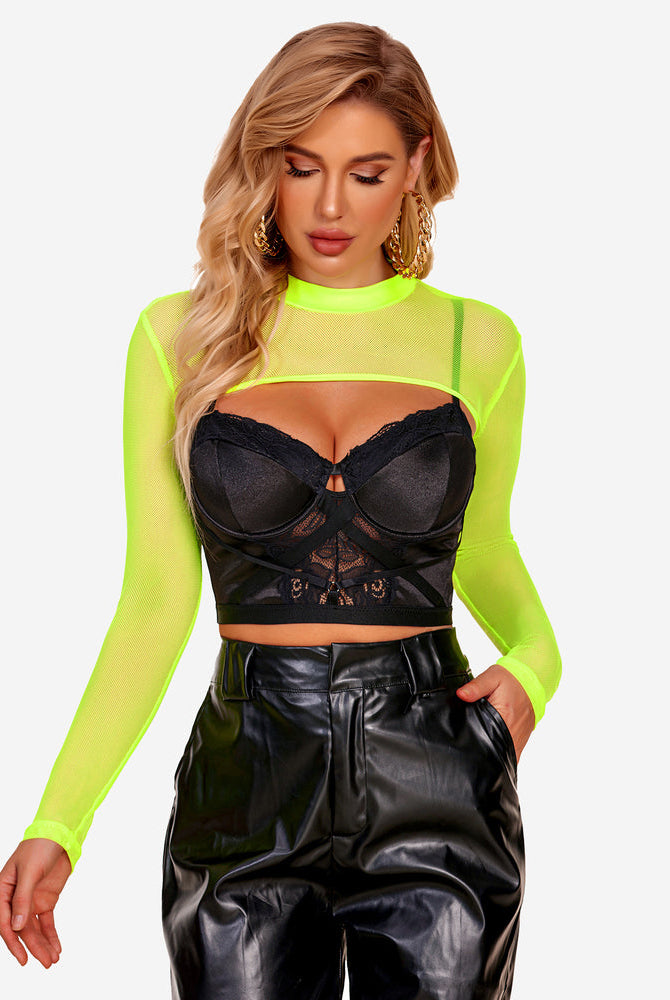 Neon green mesh see-through crop top, black lingerie and leather pants. Confident Avidlove style.
