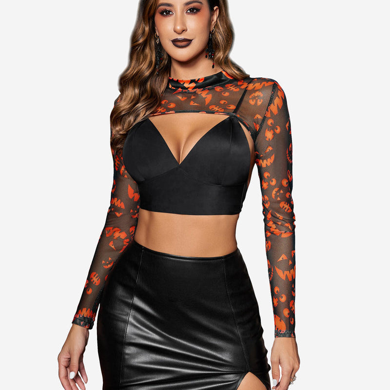 Halloween lingerie: Mesh top with pumpkin print, black bra, leather skirt. Confident Avidlove look.