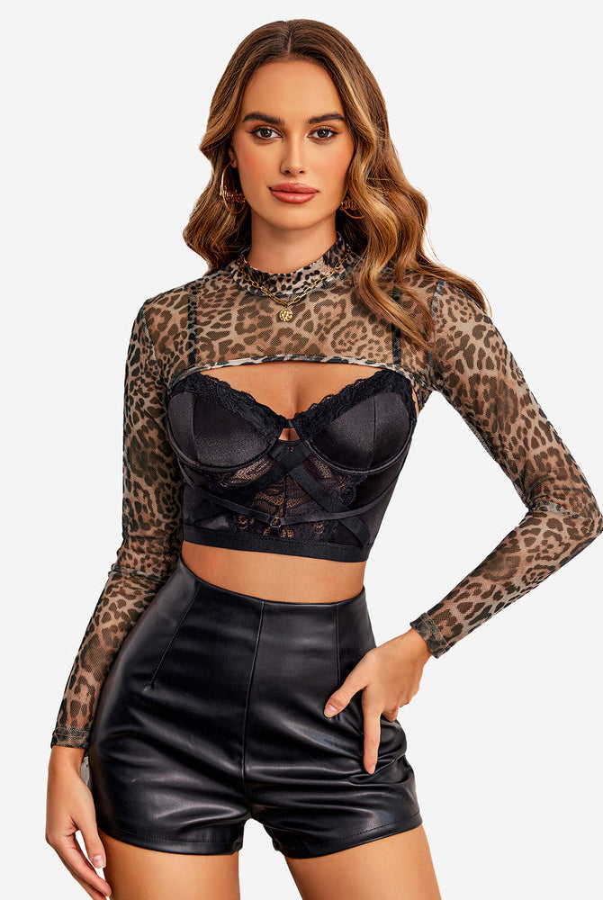 Leopard print mesh mock neck crop top, black lingerie, and leather shorts. Confident lingerie look.