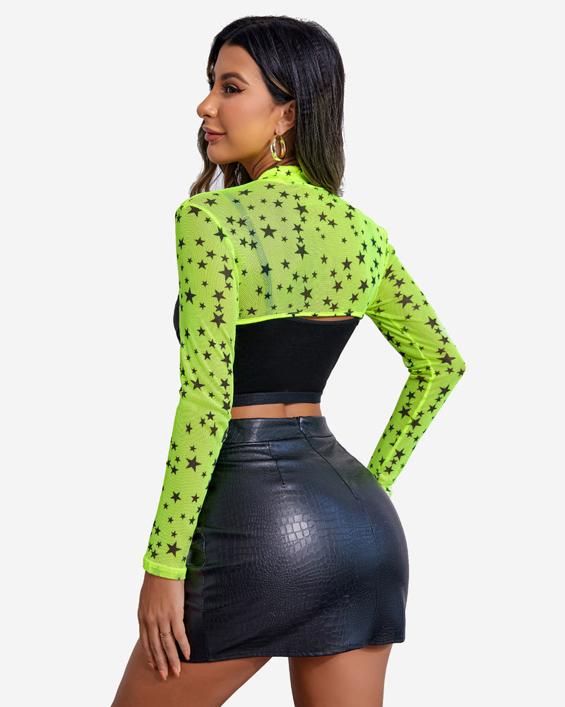 Neon green star mesh mock neck crop top, black top, leather skirt. Sexy lingerie look.