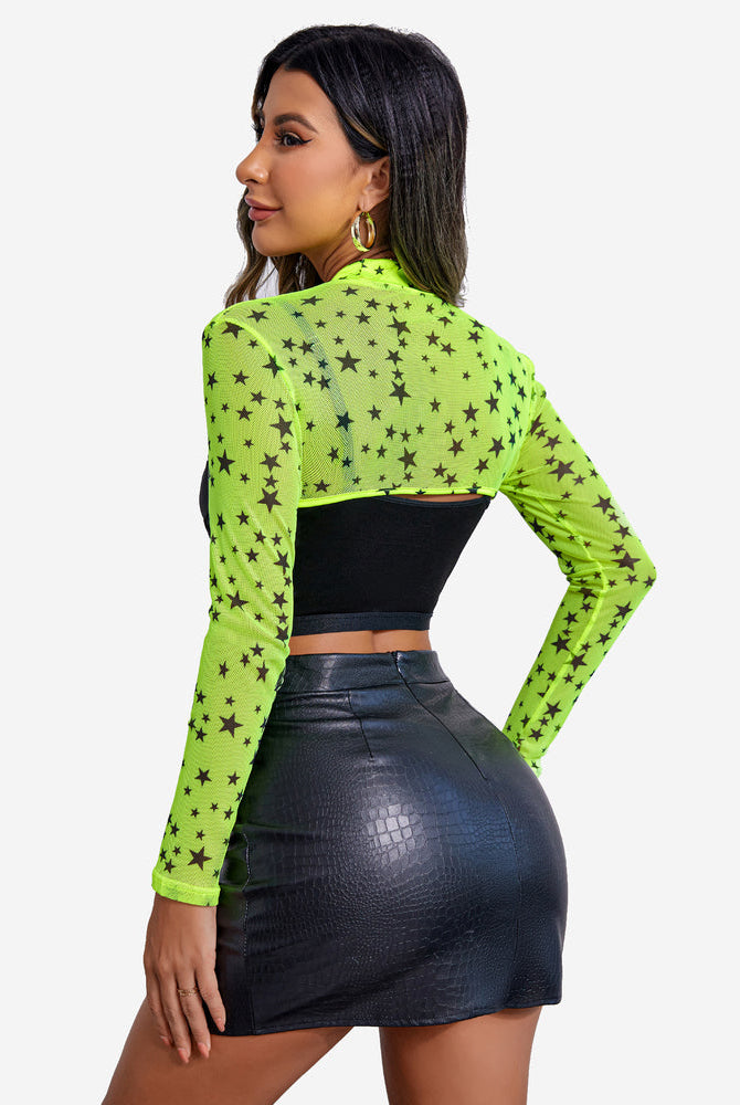 Neon green star mesh see-through crop top with black top and leather skirt by Avidlove.