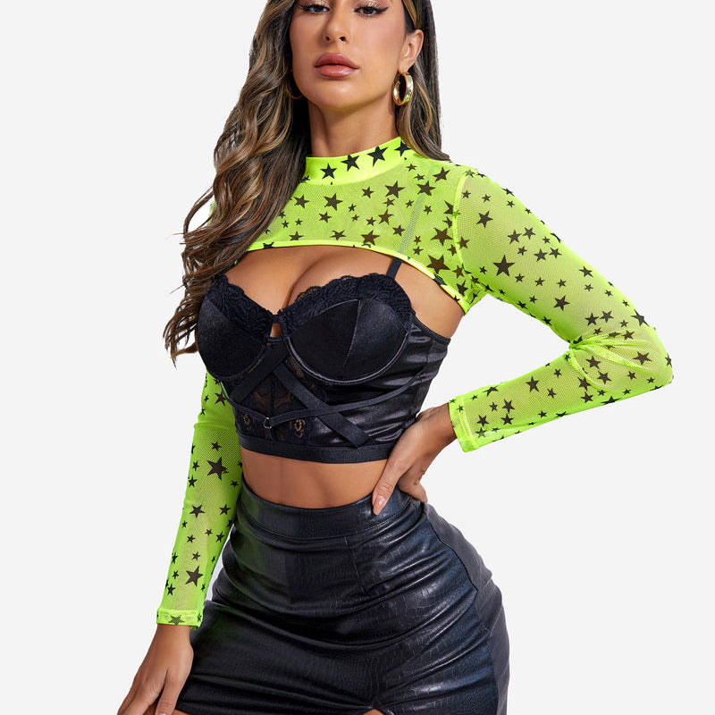 Neon green star mesh mock neck crop top, black lingerie, leather skirt. Confident lingerie style.