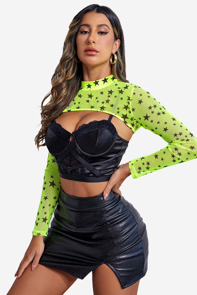Neon green star mesh see-through shirt, black bra, leather skirt. Confident Avidlove style.
