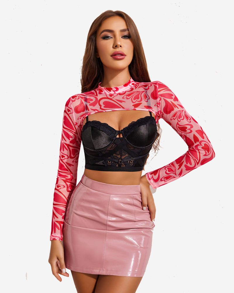 Red heart pattern see-through crop top with black bra and pink mini skirt. Sexy, confident look.
