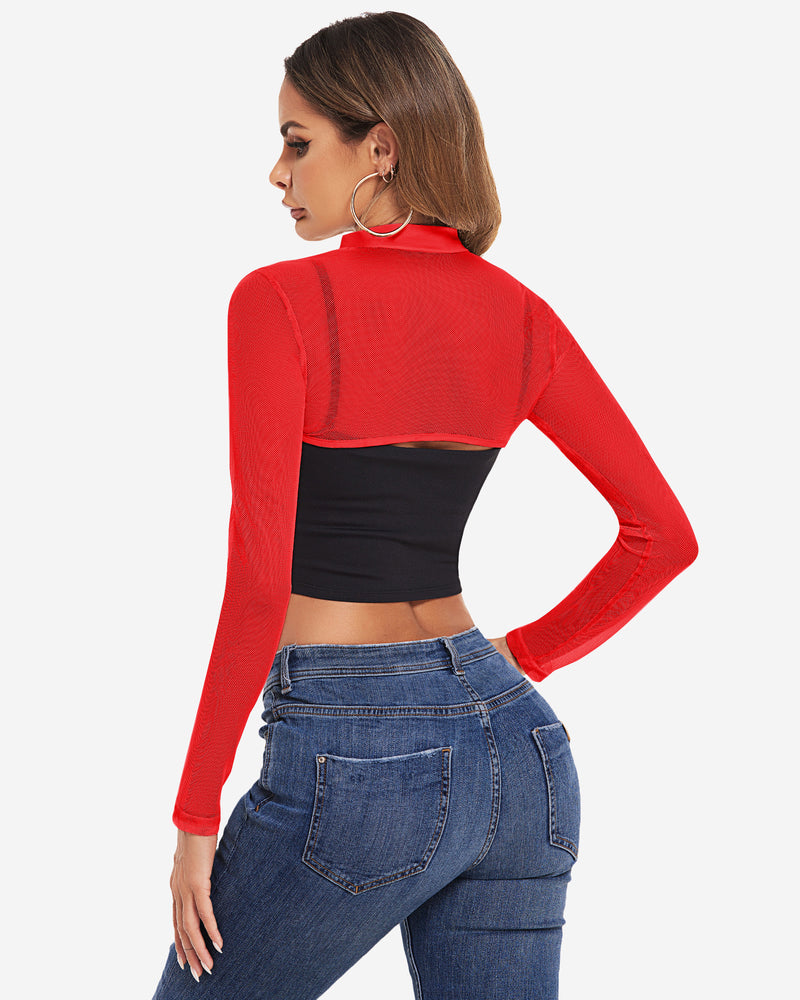 Red mesh mock neck long sleeve crop top over a black top and blue jeans