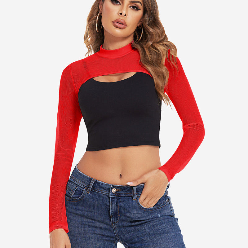 Red mesh mock neck crop top with keyhole, black top and blue jeans. Sexy lingerie.