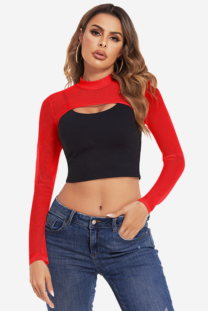 Avidlove red mesh see-through crop top with keyhole, black crop top and jeans. Confident style.