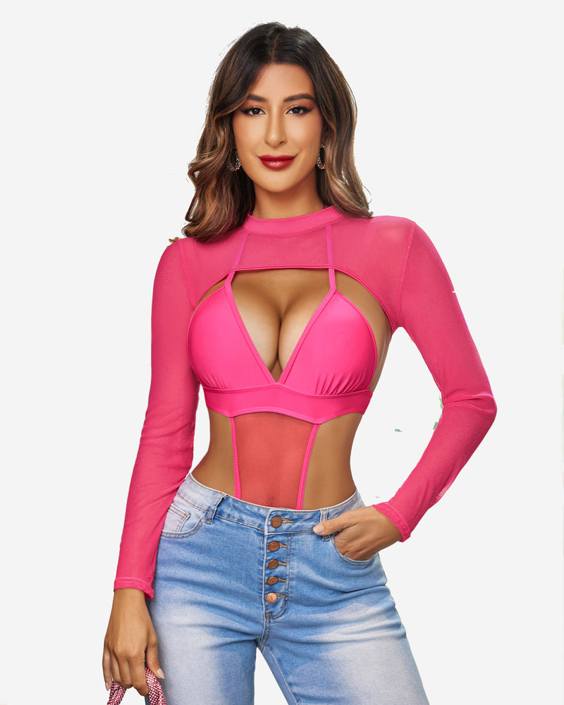 Avidlove Pink Mesh Long Sleeve See Through Crop Top with Bikini Top, Confident Style