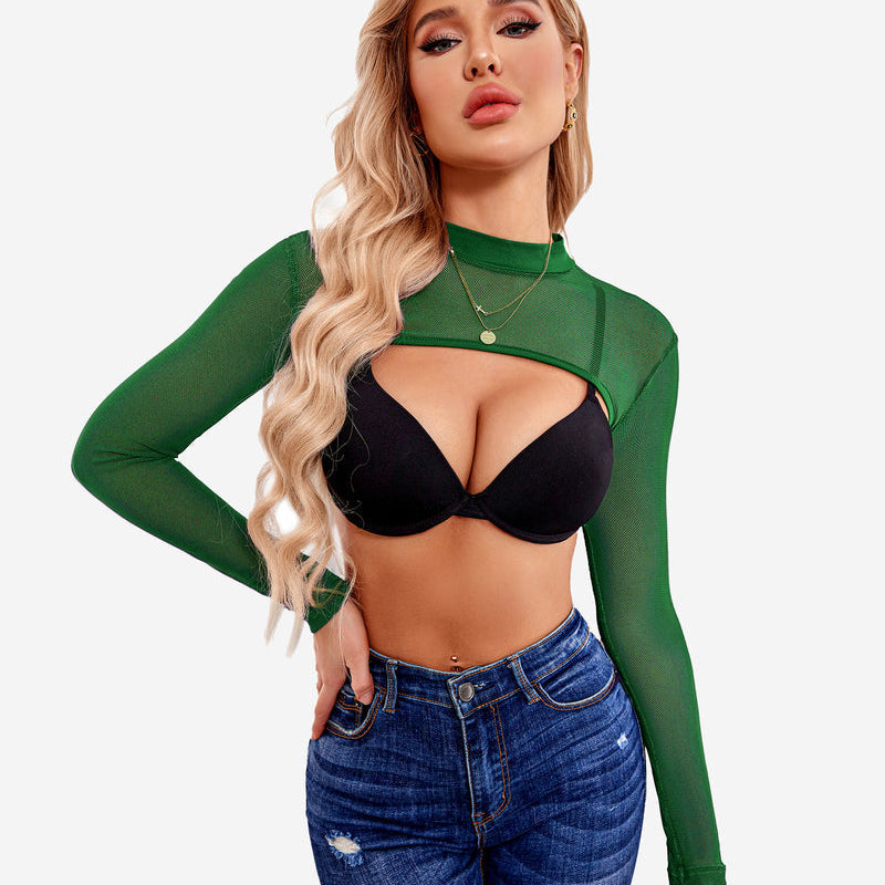 Avidlove Green Mesh See Through Crop Top with Black Bra and Jeans. Confident, stylish lingerie look.