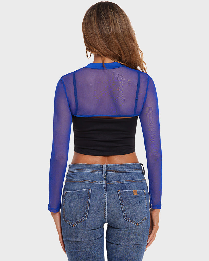 Blue mesh mock neck crop top with black bandeau and jeans. Confident and sexy lingerie.