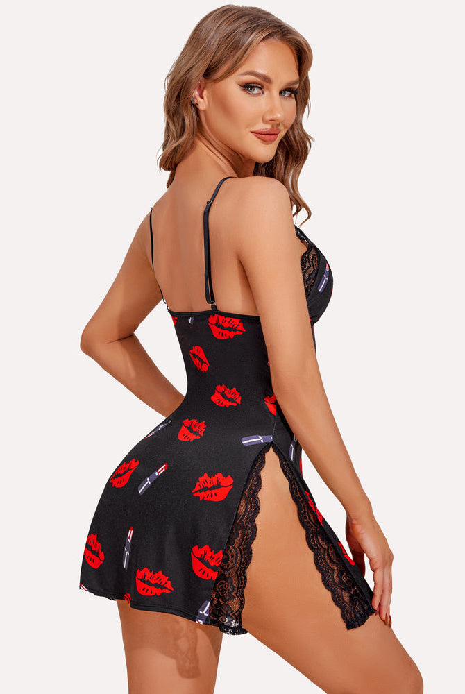 Avidlove black satin chemise with red lip print, lace trim and side slits. Sexy lingerie for women.
