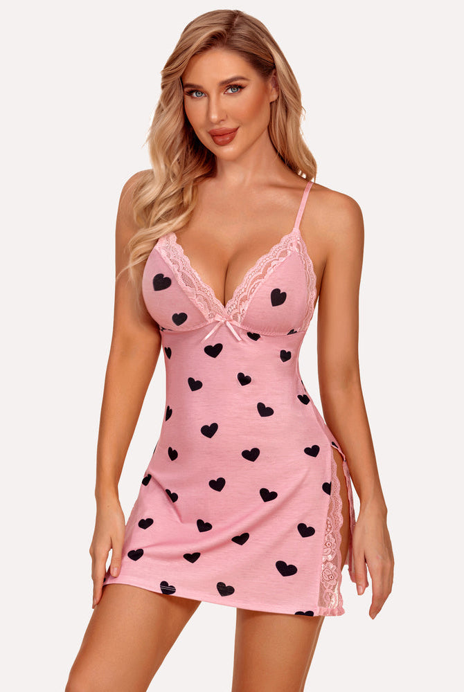 Pink heart print satin slip nightie with lace trim and side slits, ideal for sexy lingerie