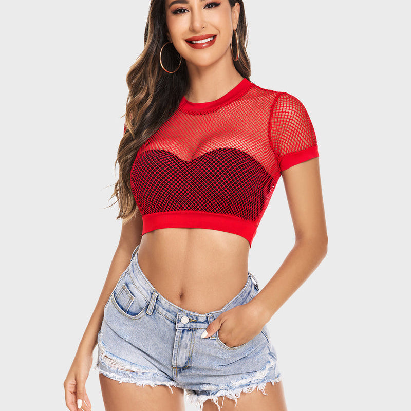 Red fishnet crop top and denim shorts. Sexy and fashionable mesh shirt for women.