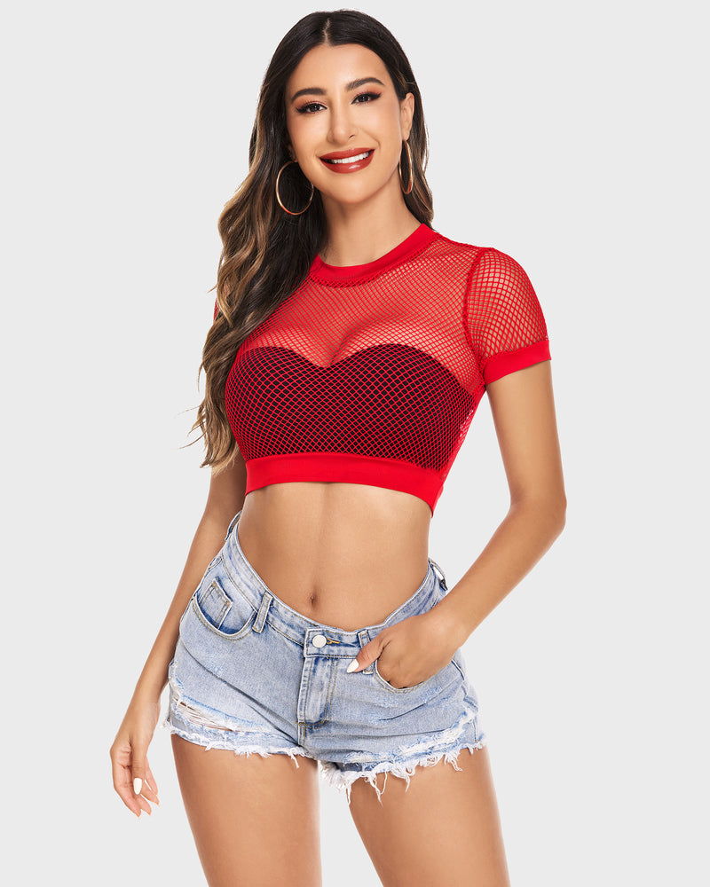 Red fishnet crop top and denim shorts. Sexy and fashionable mesh shirt for women.
