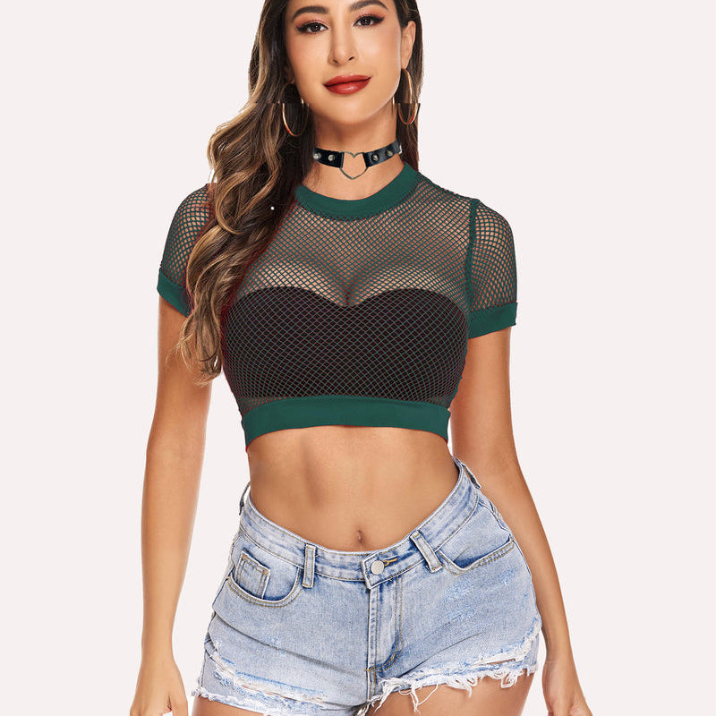 Green mesh crop top with black bralette and denim shorts, a stylish and sexy outfit for women.