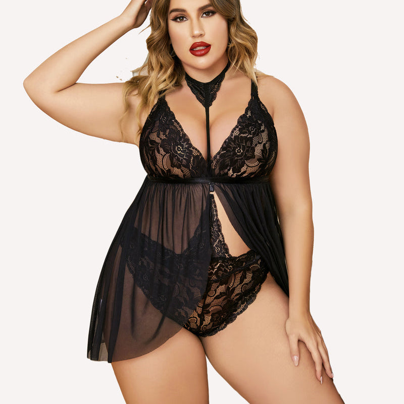 Black plus size lace babydoll lingerie with choker. A model showcasing the mesh and lace details.