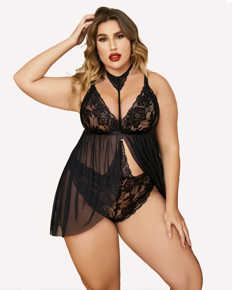 Black plus size lace babydoll lingerie with choker. A model showcasing the mesh and lace details.