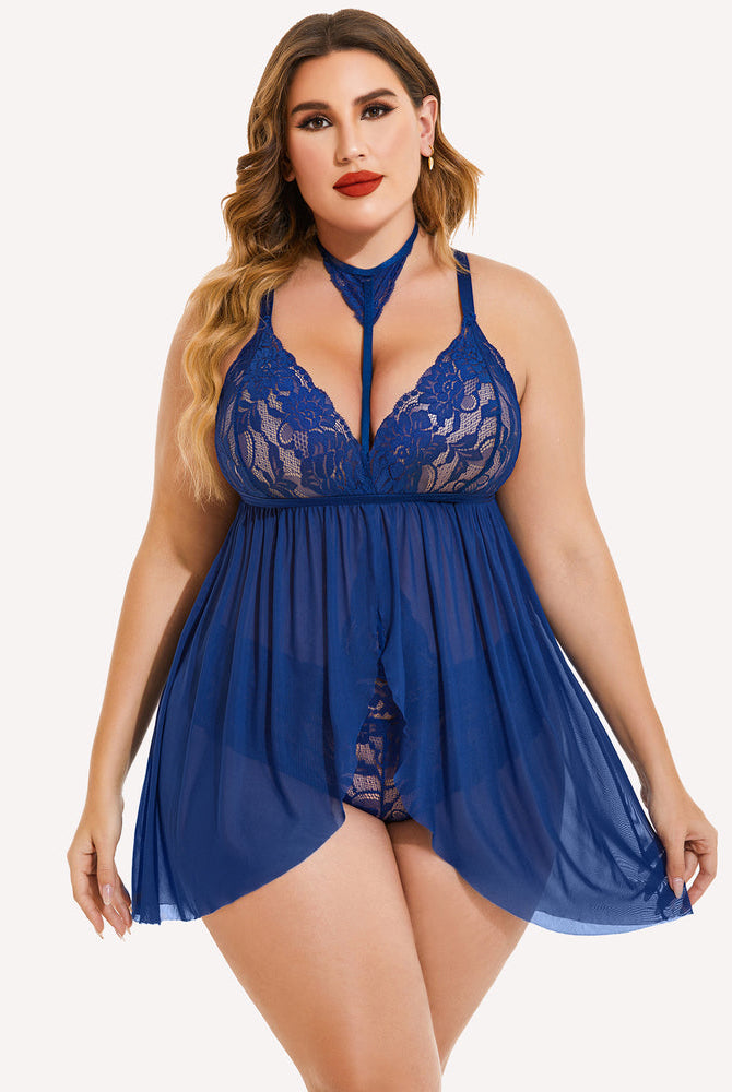Plus size blue lace babydoll lingerie with mesh overlay and removable choker. Sexy sleepwear