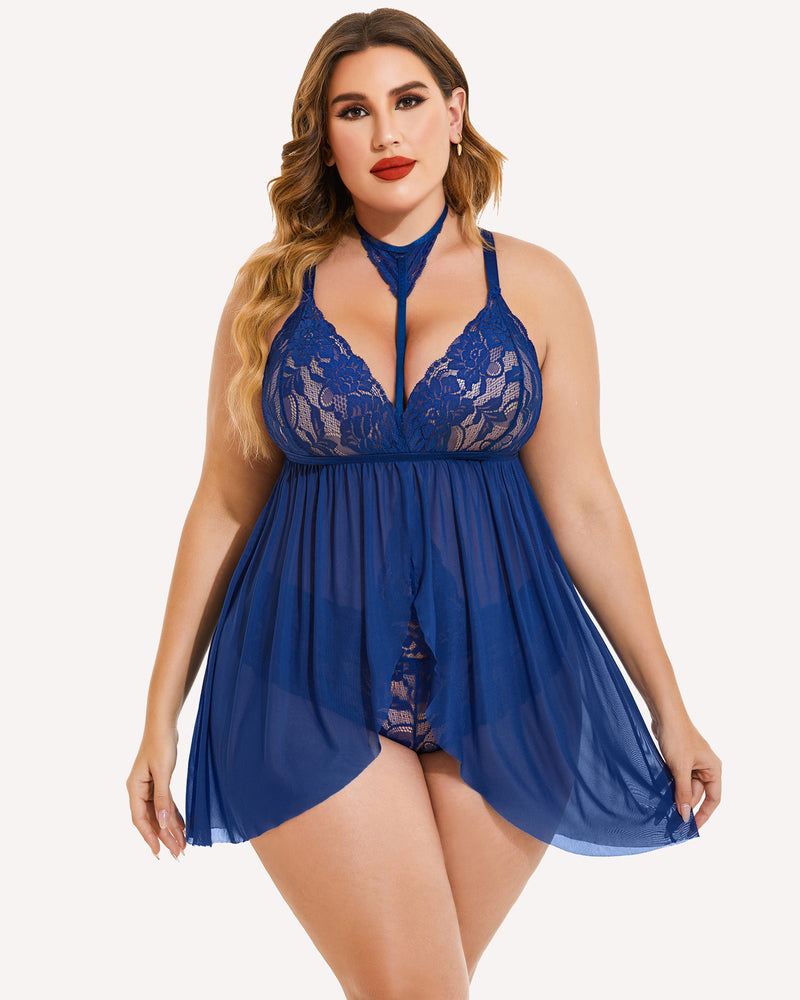 Plus size blue lace babydoll lingerie with mesh overlay and removable choker. Sexy sleepwear