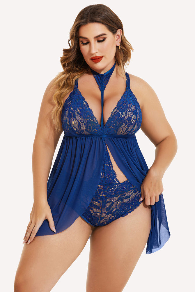 Plus size blue lace babydoll lingerie with mesh overlay and removable choker; sexy sleepwear