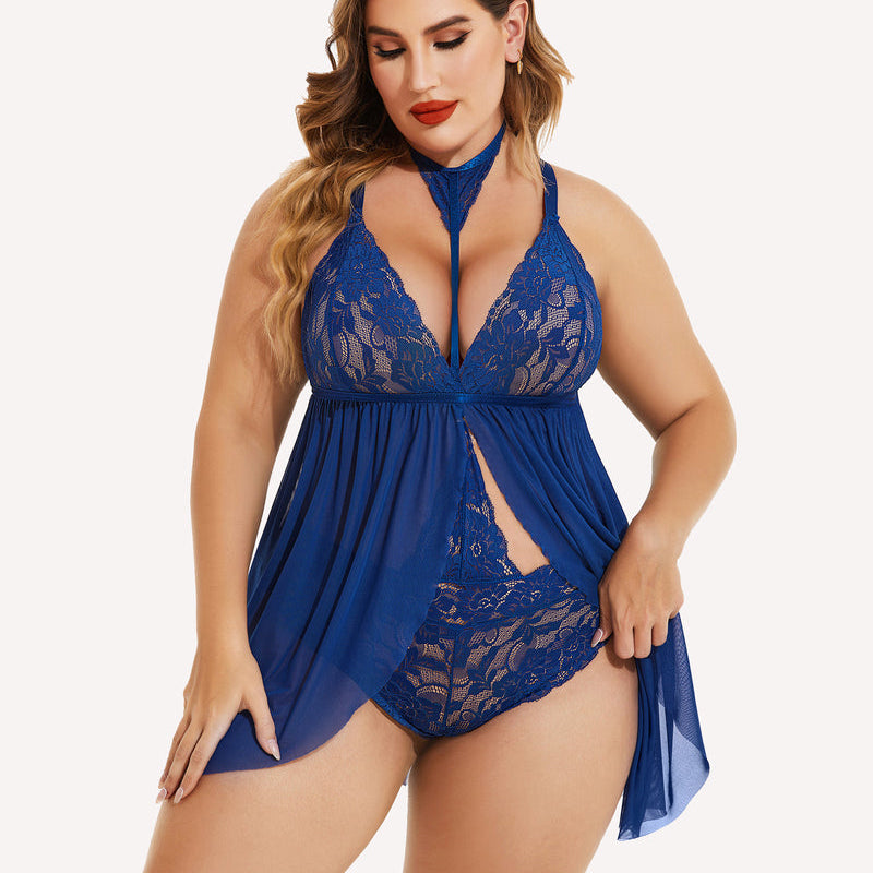 Plus size blue lace babydoll lingerie with mesh overlay and removable choker; sexy sleepwear