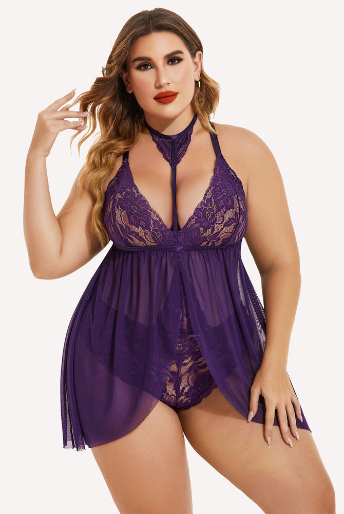 Plus Size Purple Lace Babydoll Lingerie with Choker; Mesh Overlay. Sexy Sleepwear
