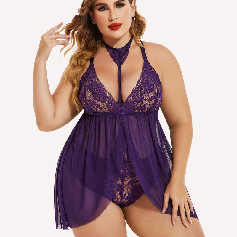 Plus Size Purple Lace Babydoll Lingerie with Choker; Mesh Overlay. Sexy Sleepwear
